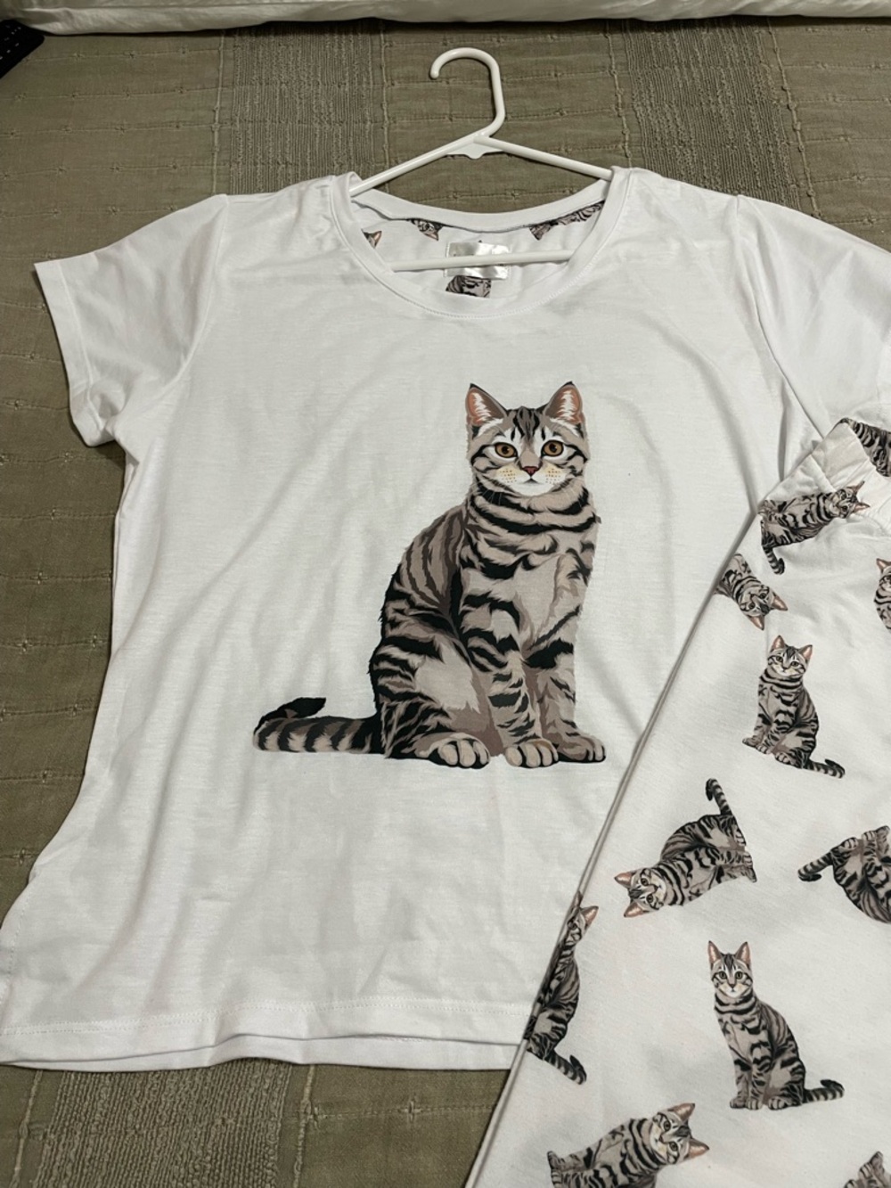 White Cat-Print Pajama Set — Playful Tabby Graphic